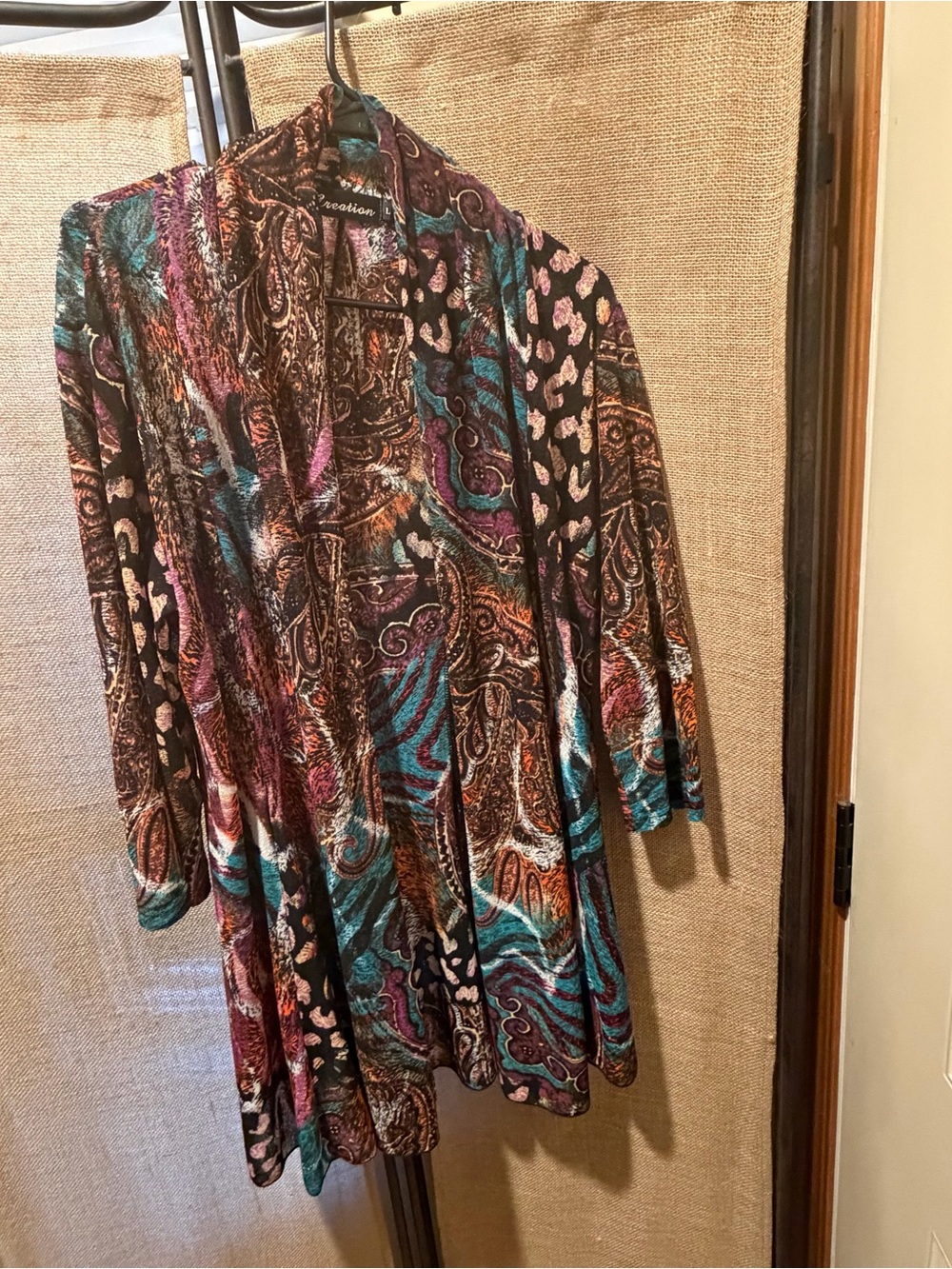 Paisley Print Open-Front Women's Cardigan in Teal, Purple & Brown